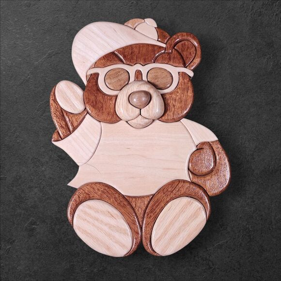 Set of 3 Wooden Intarsia Teddy Bear Wall Plaques Nursery Cottagecore Decor - Picture 2 of 8